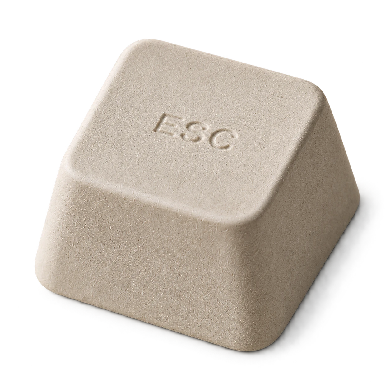 ESC/01 concept render: a warm mineral off-white rounded-square bath key with a shallow ESC deboss.